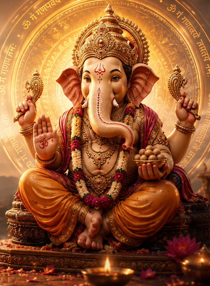 Lord Ganesha seated before a glowing golden chakra